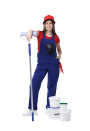 Photo of Professional painter with roller and buckets of paint on white background