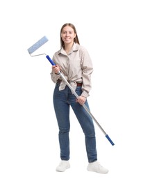 Photo of Woman with paint roller on white background