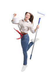 Photo of Woman with roller and bucket of paint jumping on white background