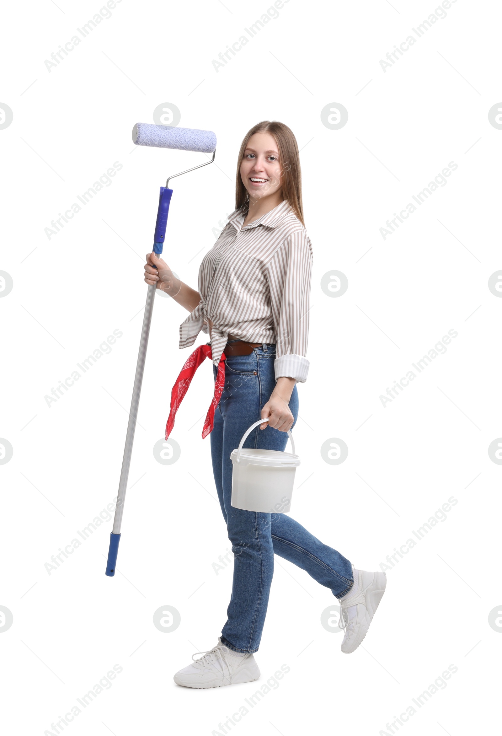 Photo of Woman with roller and bucket of paint on white background