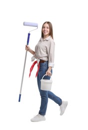 Photo of Woman with roller and bucket of paint on white background