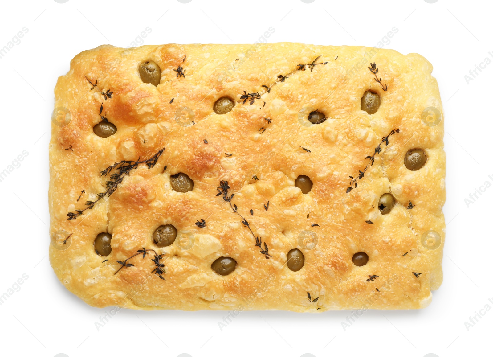 Photo of Delicious focaccia bread with olives and thyme isolated on white, top view