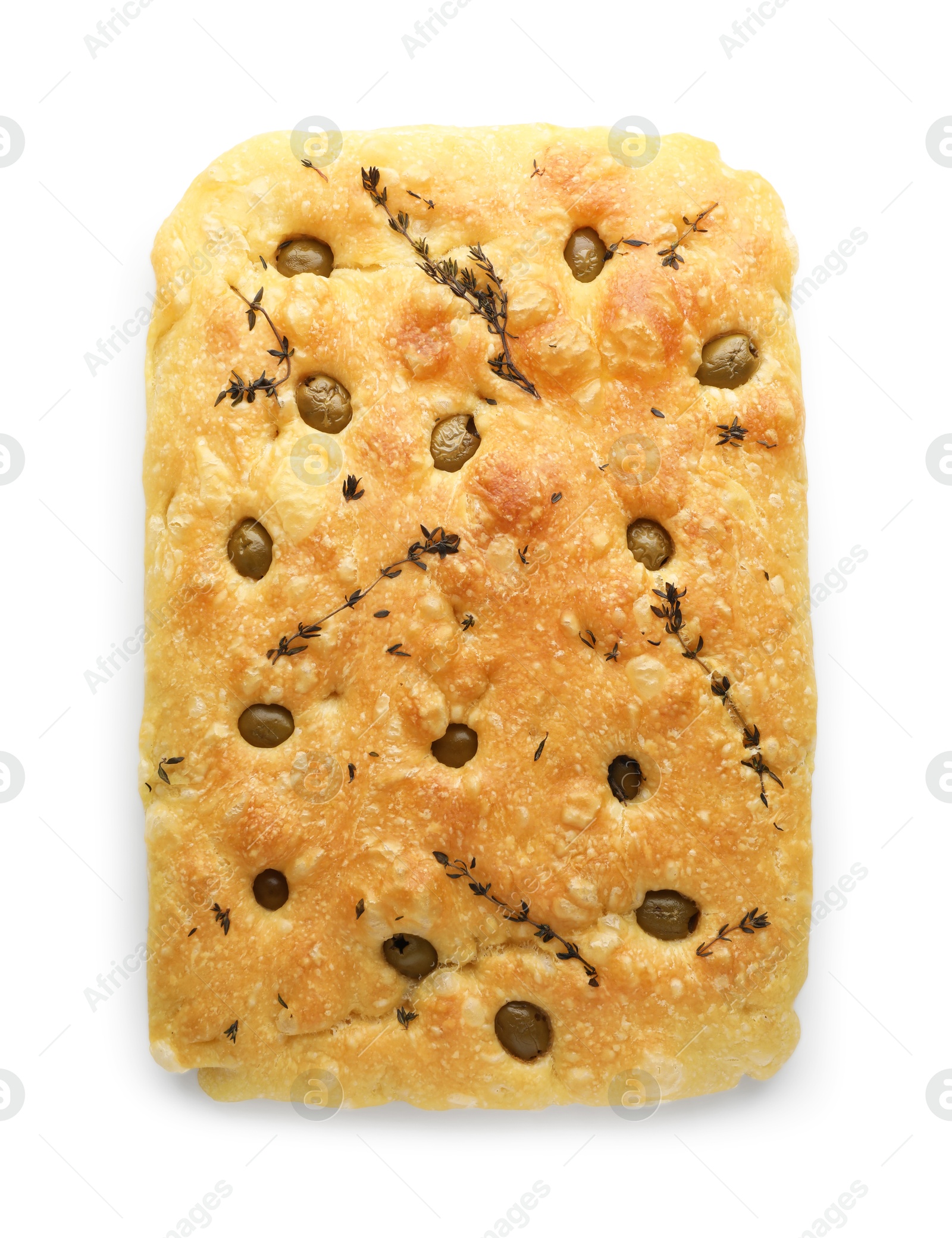 Photo of Delicious focaccia bread with olives and thyme isolated on white, top view