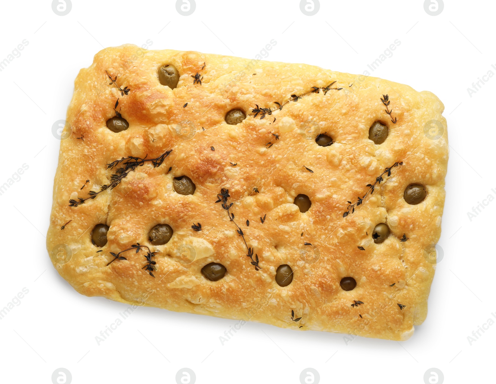 Photo of Delicious focaccia bread with olives and thyme isolated on white, top view