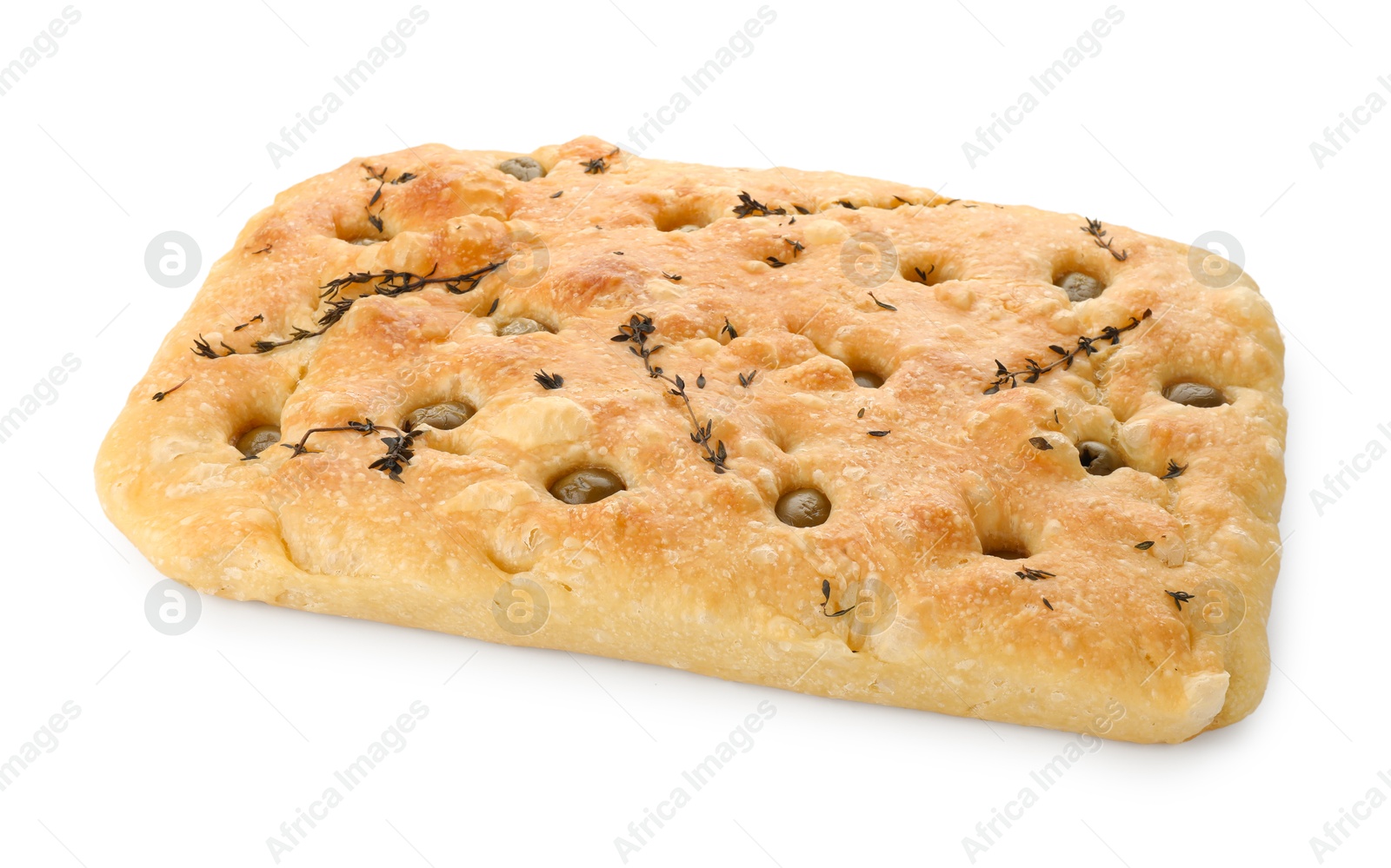 Photo of Delicious focaccia bread with olives and thyme isolated on white