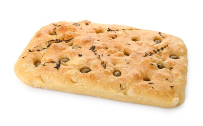 Photo of Delicious focaccia bread with olives and thyme isolated on white