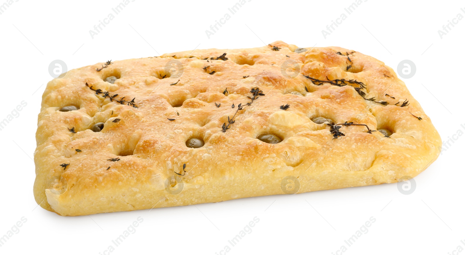 Photo of Delicious focaccia bread with olives and thyme isolated on white