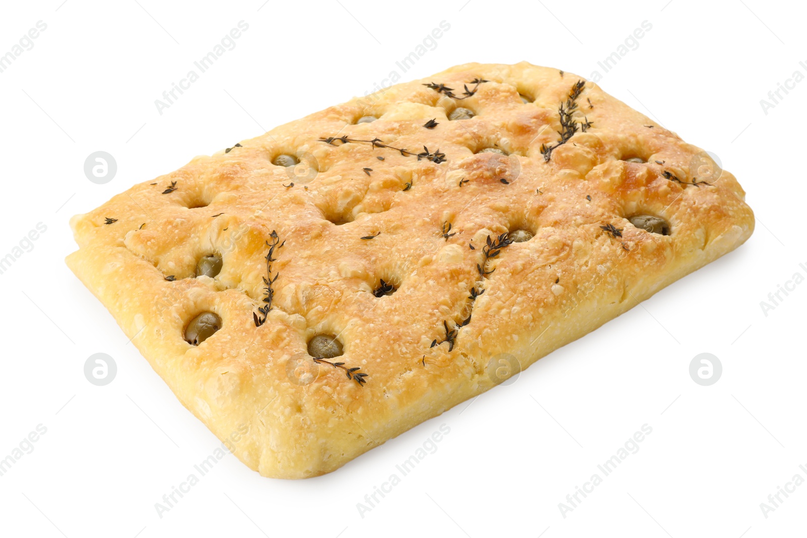 Photo of Delicious focaccia bread with olives and thyme isolated on white