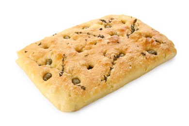 Photo of Delicious focaccia bread with olives and thyme isolated on white