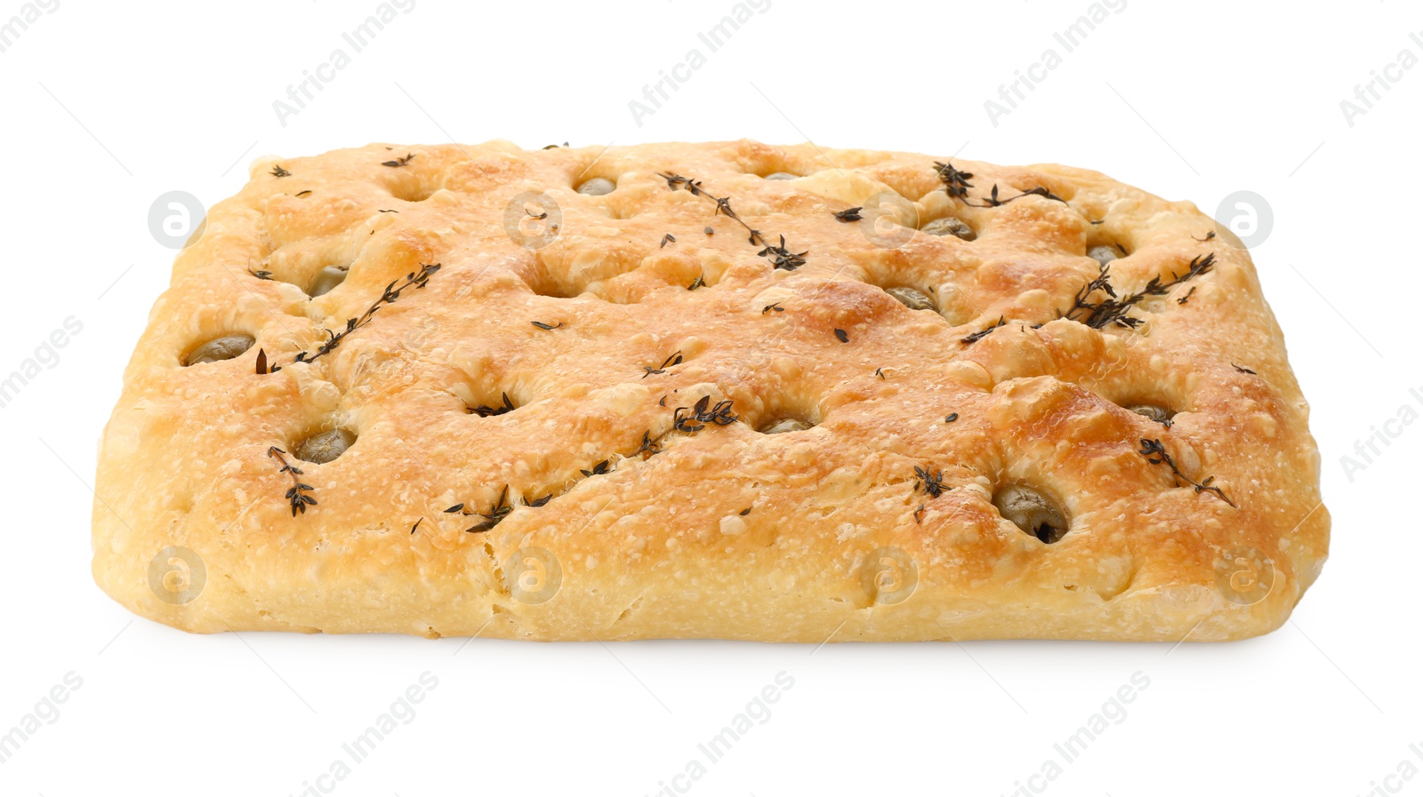 Photo of Delicious focaccia bread with olives and thyme isolated on white