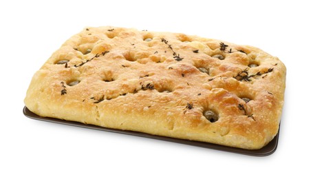 Photo of Delicious focaccia bread with olives and thyme isolated on white