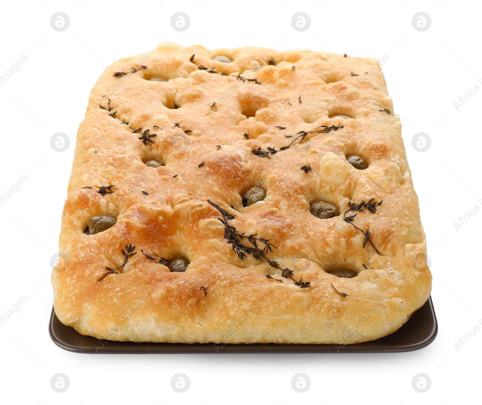 Photo of Delicious focaccia bread with olives and thyme isolated on white