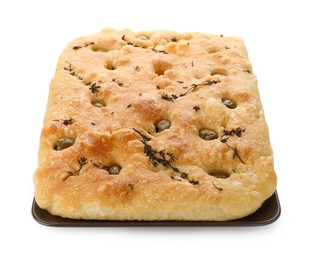 Photo of Delicious focaccia bread with olives and thyme isolated on white