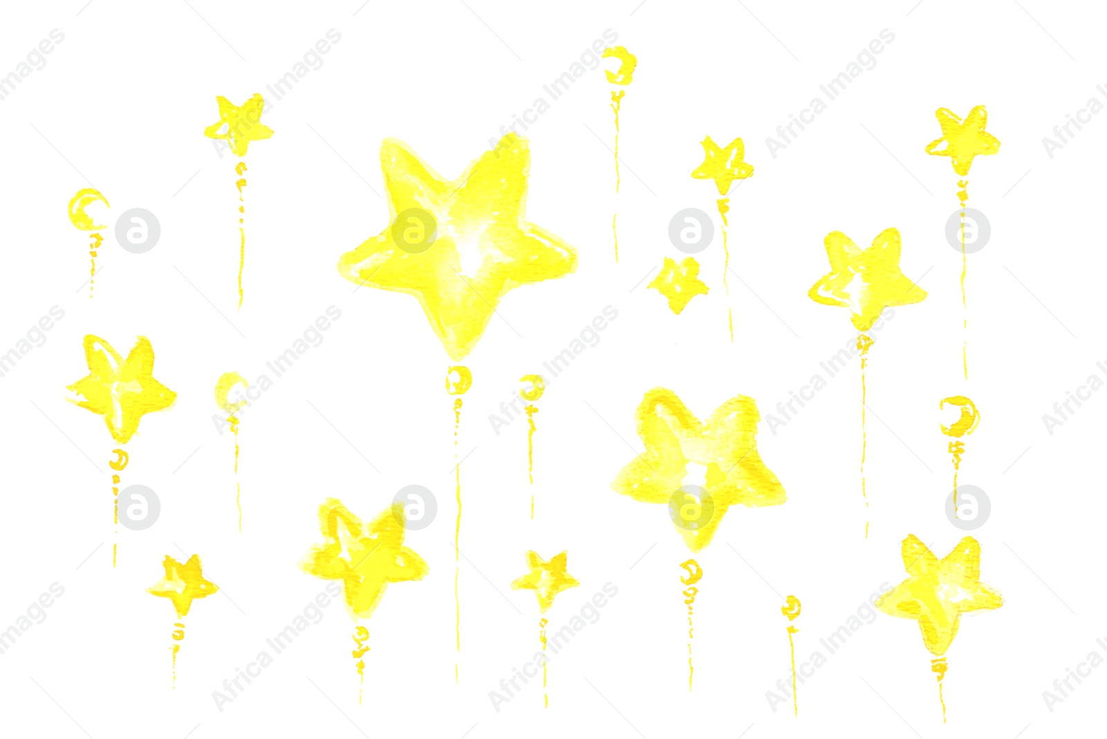 Photo of Watercolor painting of stars isolated on white, top view