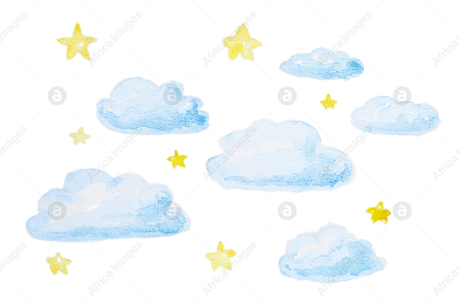 Photo of Watercolor painting of clouds and stars isolated on white, top view