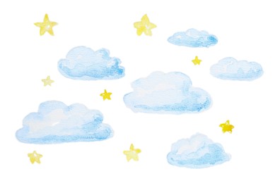 Photo of Watercolor painting of clouds and stars isolated on white, top view