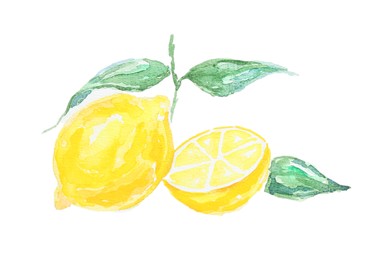 Photo of Watercolor painting of lemons and green leaves isolated on white, top view