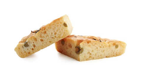 Photo of Pieces of delicious focaccia bread with olives and thyme isolated on white