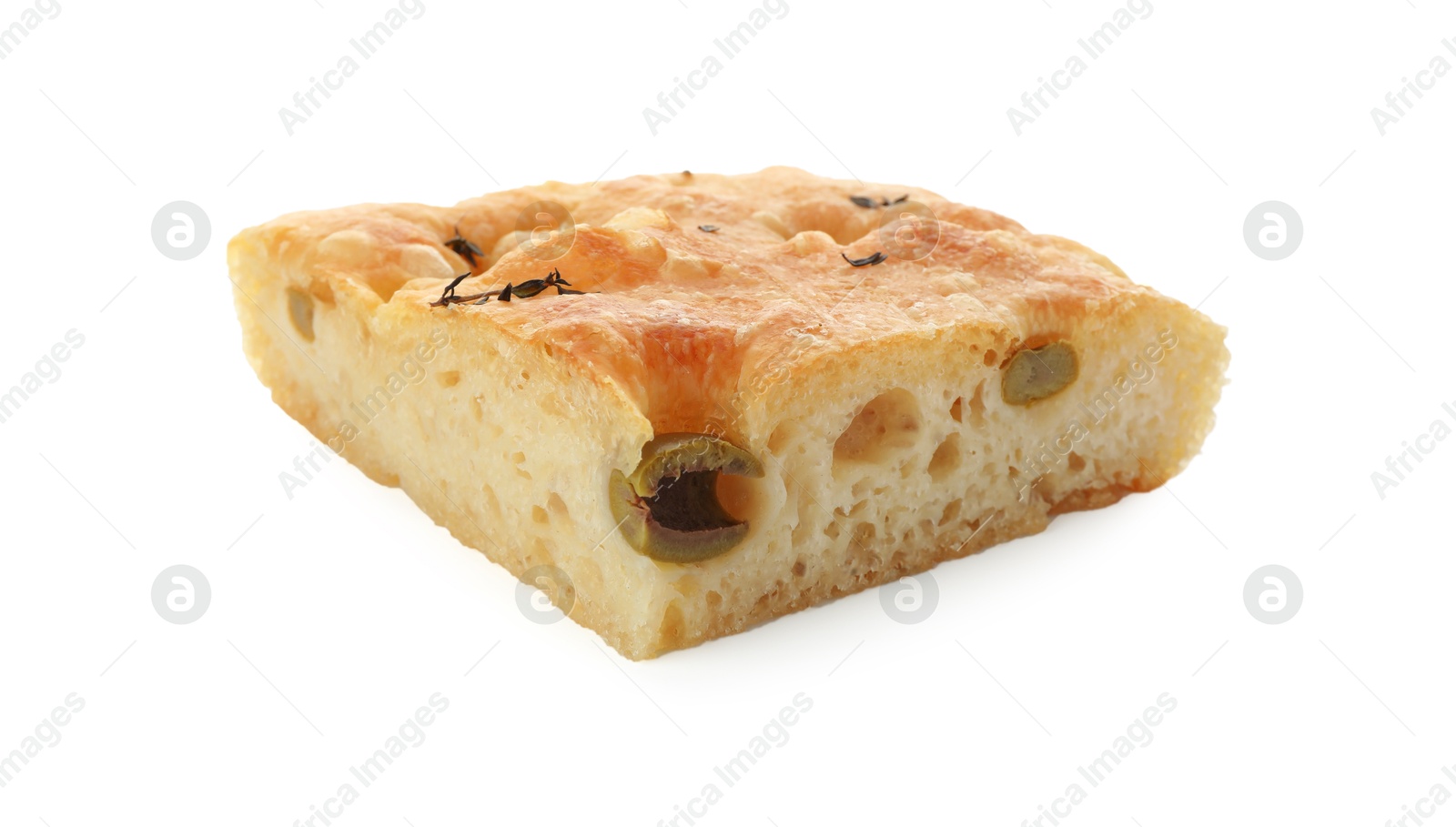 Photo of Piece of delicious focaccia bread with olives and thyme isolated on white