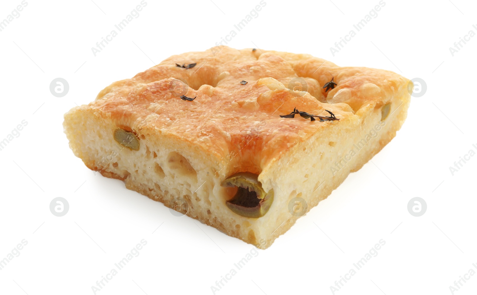 Photo of Piece of delicious focaccia bread with olives and thyme isolated on white