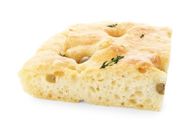 Photo of Piece of delicious focaccia bread with olives and thyme isolated on white