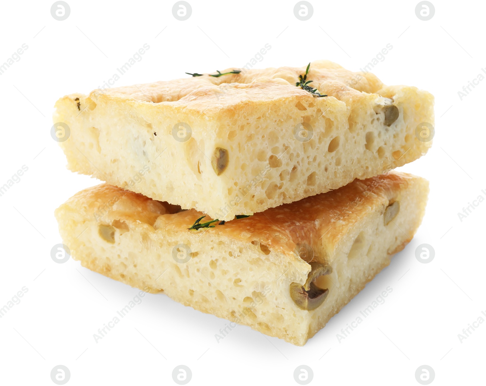 Photo of Pieces of delicious focaccia bread with olives and thyme isolated on white