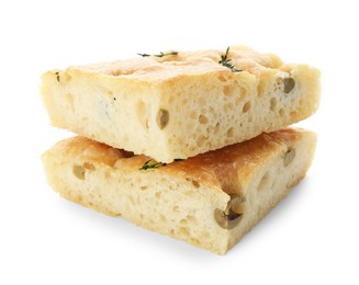 Photo of Pieces of delicious focaccia bread with olives and thyme isolated on white