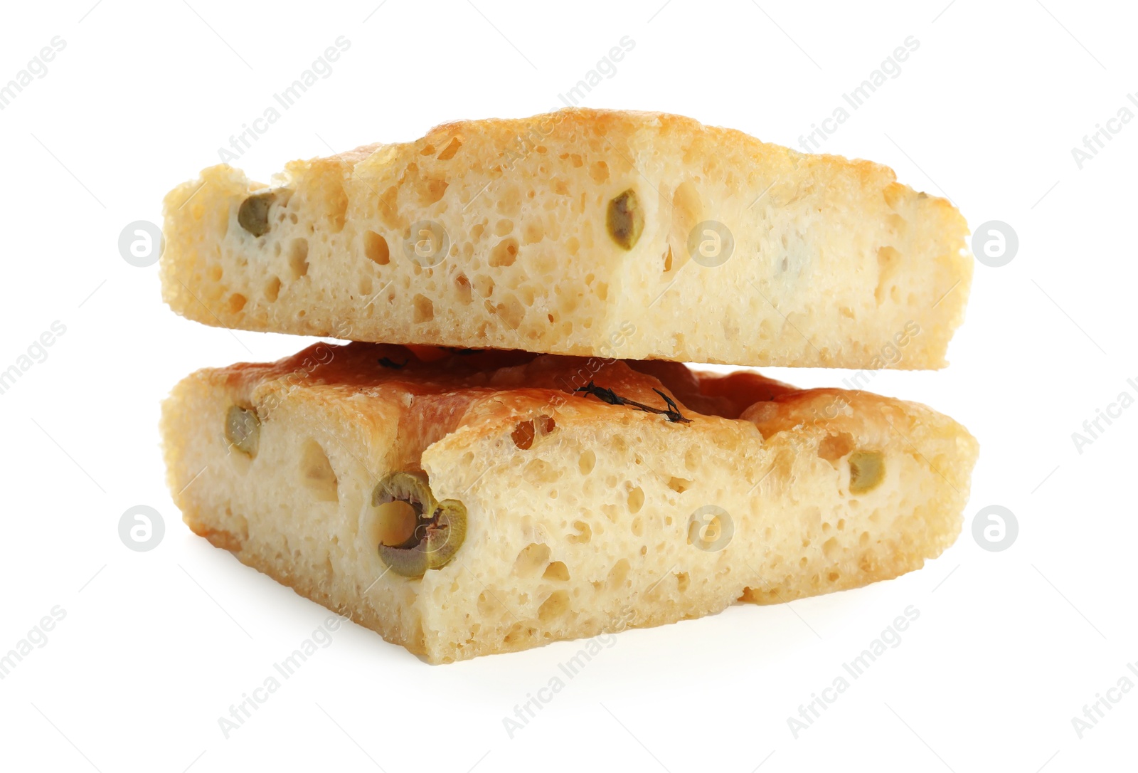 Photo of Pieces of delicious focaccia bread with olives and thyme isolated on white