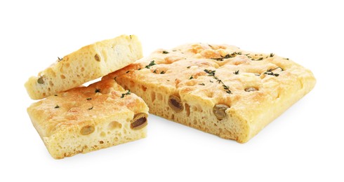 Photo of Pieces of delicious focaccia bread with olives and thyme isolated on white