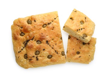 Photo of Pieces of delicious focaccia bread with olives and thyme isolated on white, top view