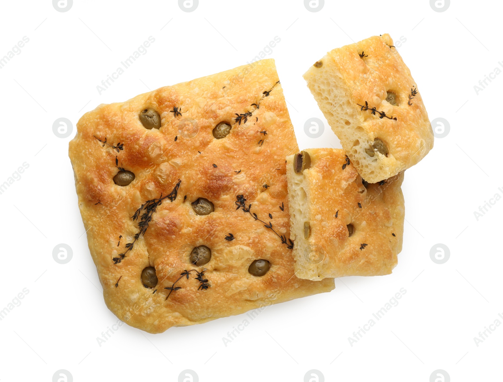 Photo of Pieces of delicious focaccia bread with olives and thyme isolated on white, top view