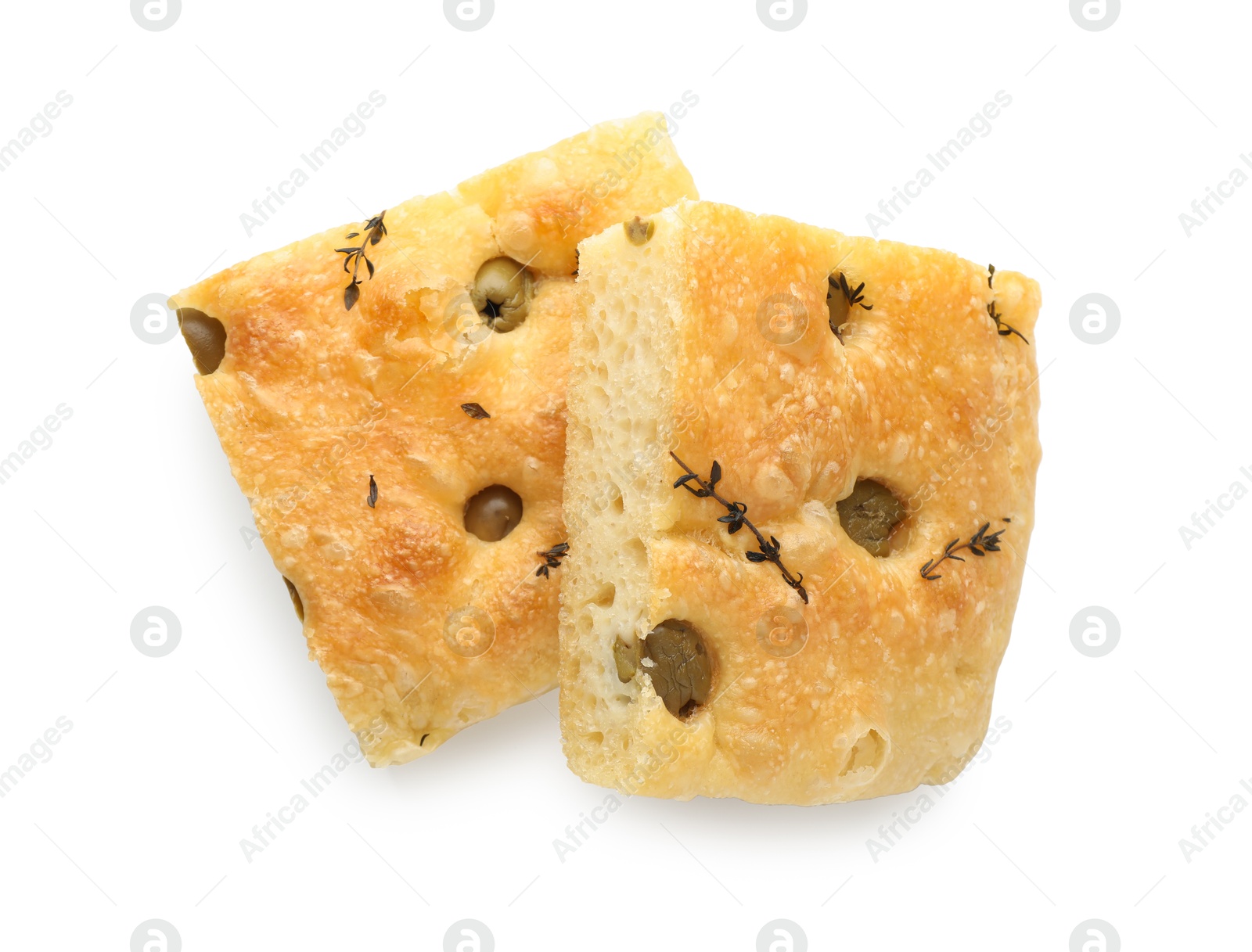 Photo of Pieces of delicious focaccia bread with olives and thyme isolated on white, top view