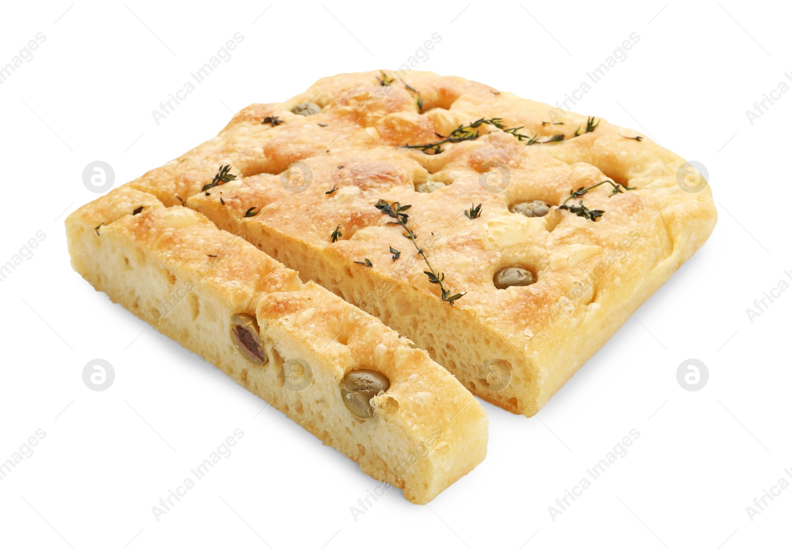 Photo of Pieces of delicious focaccia bread with olives and thyme isolated on white