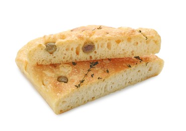 Photo of Pieces of delicious focaccia bread with olives and thyme isolated on white