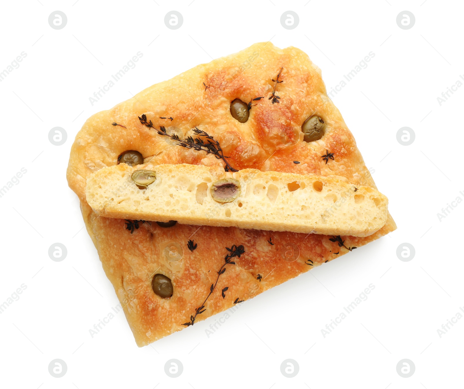 Photo of Pieces of delicious focaccia bread with olives and thyme isolated on white, top view