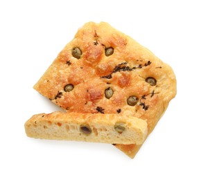 Photo of Pieces of delicious focaccia bread with olives and thyme isolated on white, top view