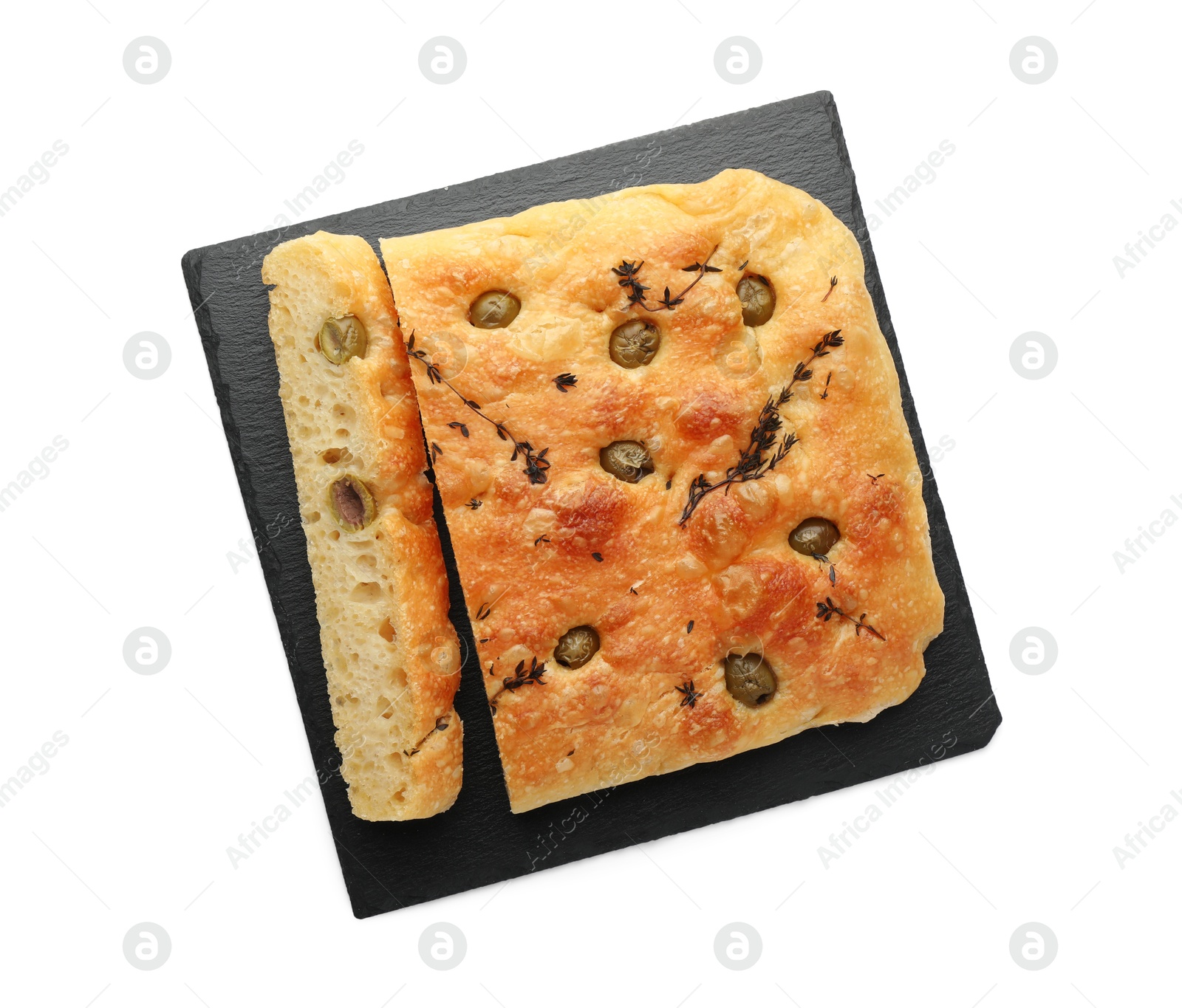 Photo of Pieces of delicious focaccia bread with olives and thyme isolated on white, top view