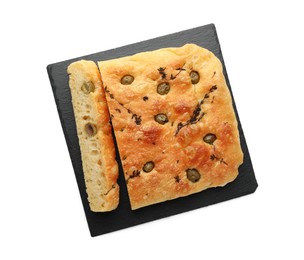 Photo of Pieces of delicious focaccia bread with olives and thyme isolated on white, top view