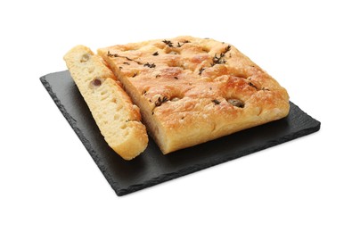 Photo of Pieces of delicious focaccia bread with olives and thyme isolated on white