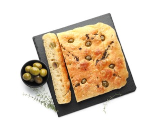 Photo of Pieces of delicious focaccia bread with olives and thyme isolated on white, top view