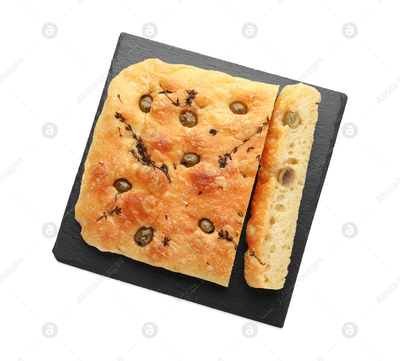 Photo of Pieces of delicious focaccia bread with olives and thyme isolated on white, top view