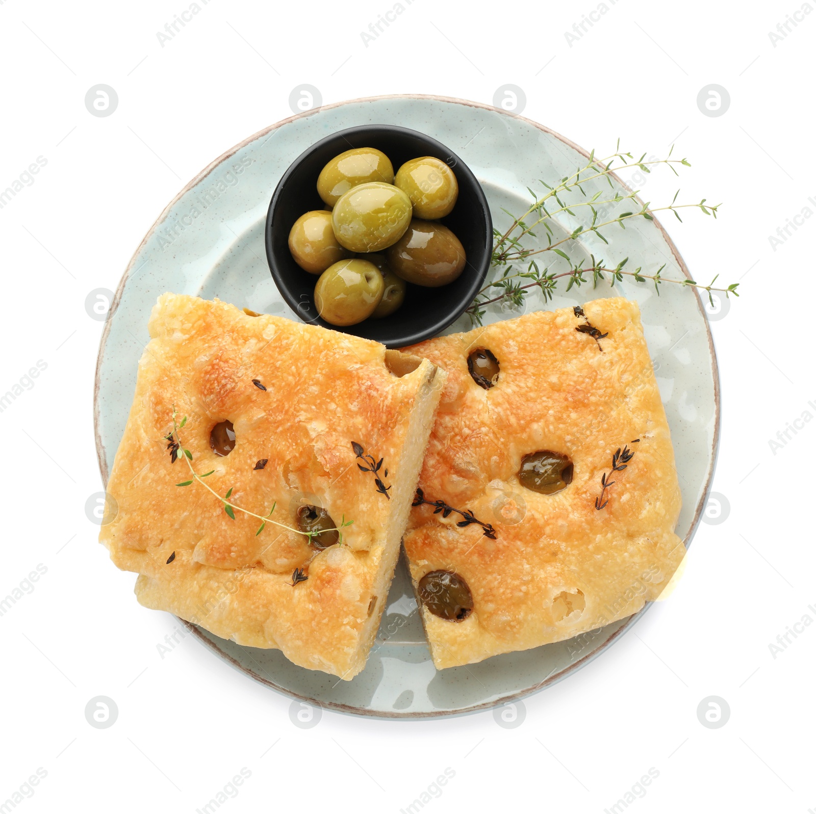 Photo of Pieces of delicious focaccia bread with olives and thyme isolated on white, top view