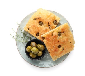 Photo of Pieces of delicious focaccia bread with olives and thyme isolated on white, top view