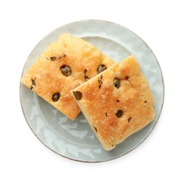 Photo of Pieces of delicious focaccia bread with olives and thyme isolated on white, top view