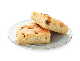 Photo of Pieces of delicious focaccia bread with olives and thyme isolated on white