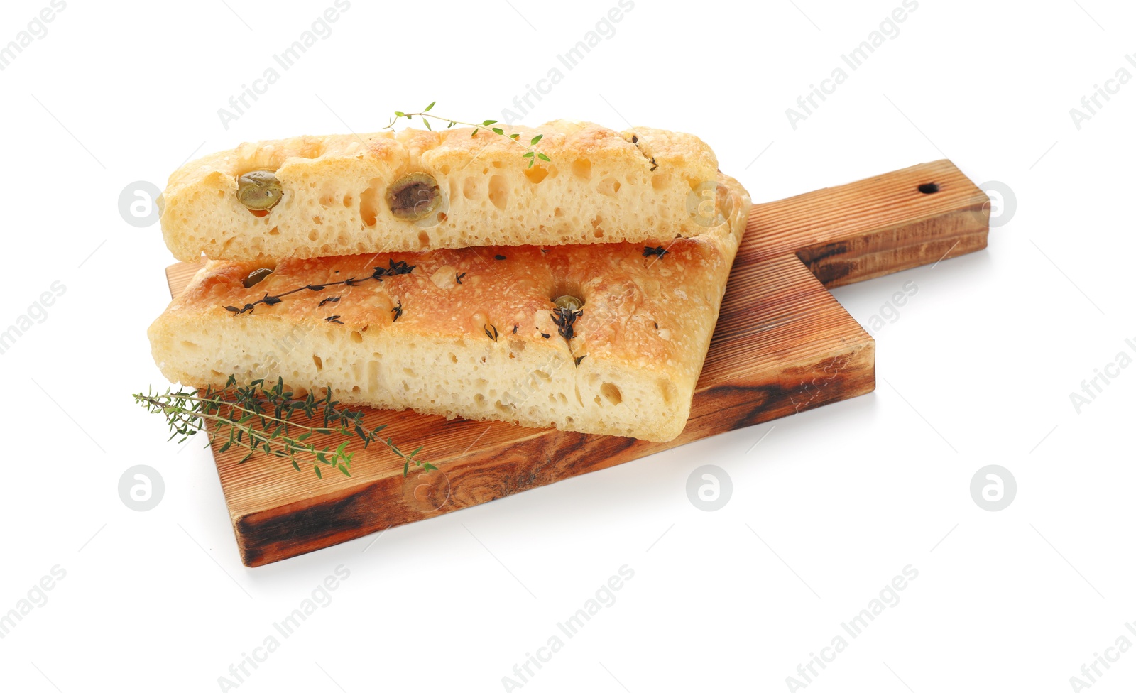 Photo of Pieces of delicious focaccia bread with olives and thyme isolated on white