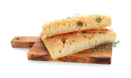 Photo of Pieces of delicious focaccia bread with olives and thyme isolated on white