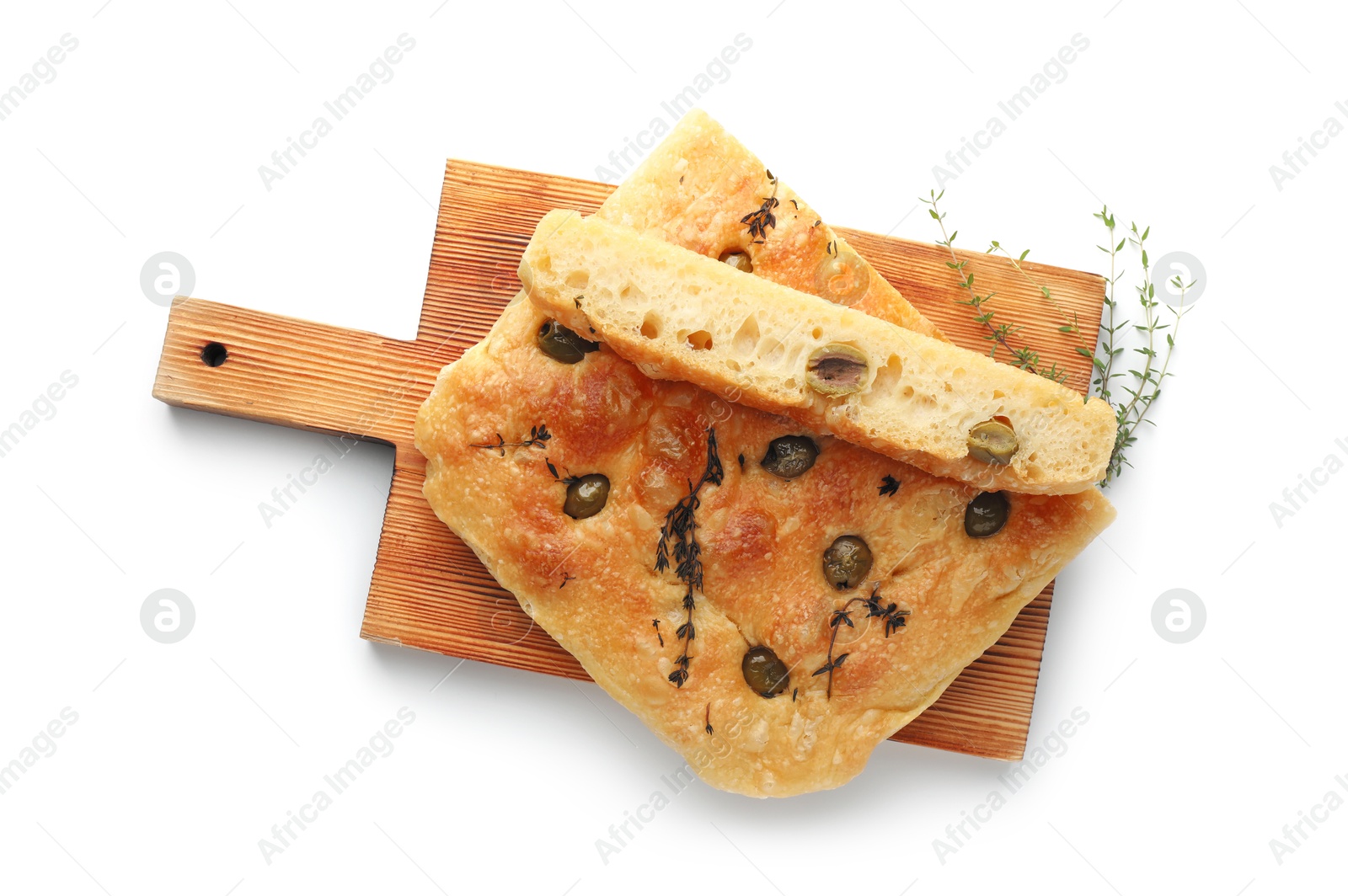 Photo of Pieces of delicious focaccia bread with olives and thyme isolated on white, top view