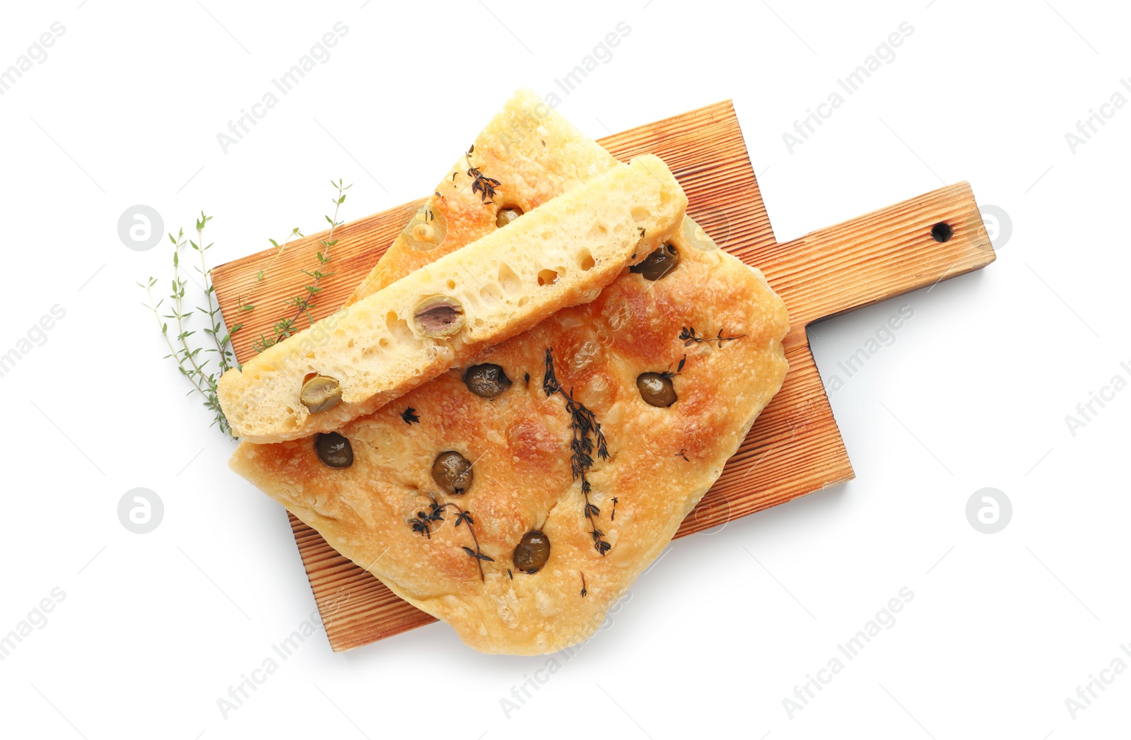 Photo of Pieces of delicious focaccia bread with olives and thyme isolated on white, top view