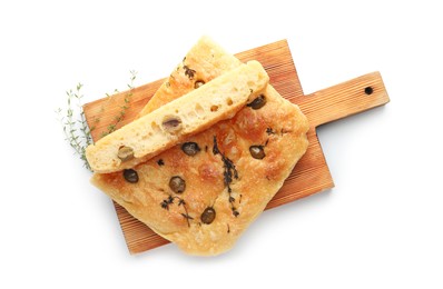 Photo of Pieces of delicious focaccia bread with olives and thyme isolated on white, top view